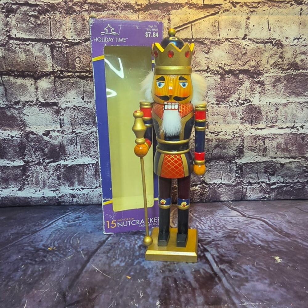 Vintage Wooden 15 inches Nutcracker tall Soldier with box Christmas Holiday Time